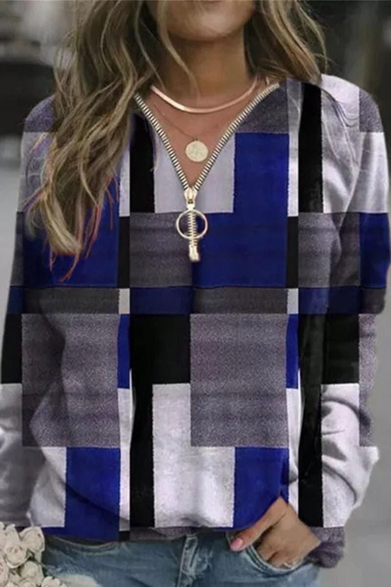 LONG SLEEVE MULTI COLOR BLOCK ZIPPER NECK TOP - Doublju