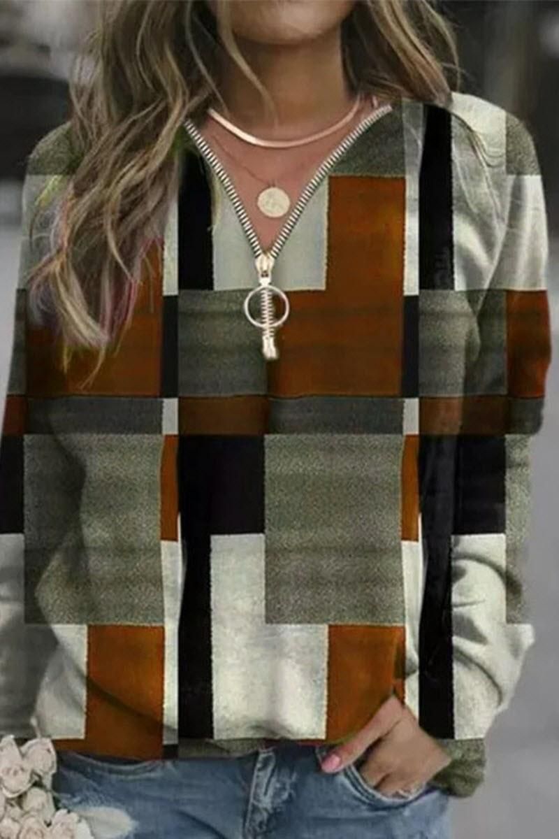 LONG SLEEVE MULTI COLOR BLOCK ZIPPER NECK TOP - Doublju