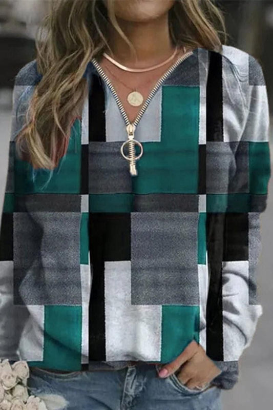 LONG SLEEVE MULTI COLOR BLOCK ZIPPER NECK TOP - Doublju