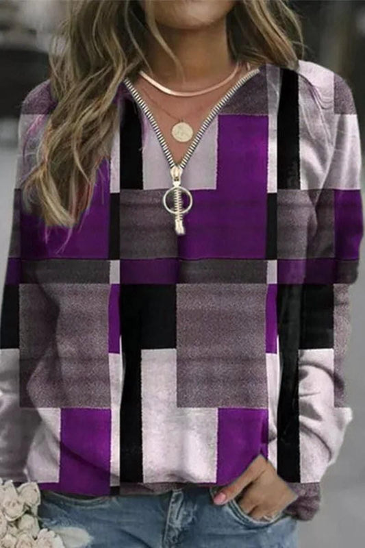 LONG SLEEVE MULTI COLOR BLOCK ZIPPER NECK TOP - Doublju