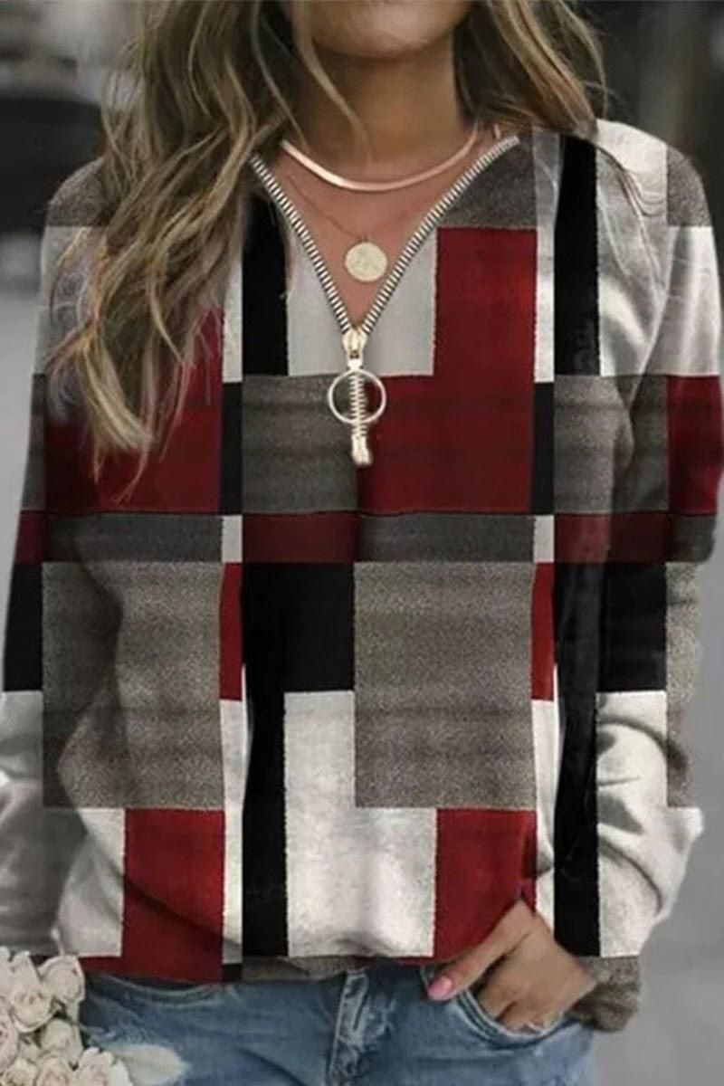 LONG SLEEVE MULTI COLOR BLOCK ZIPPER NECK TOP - Doublju