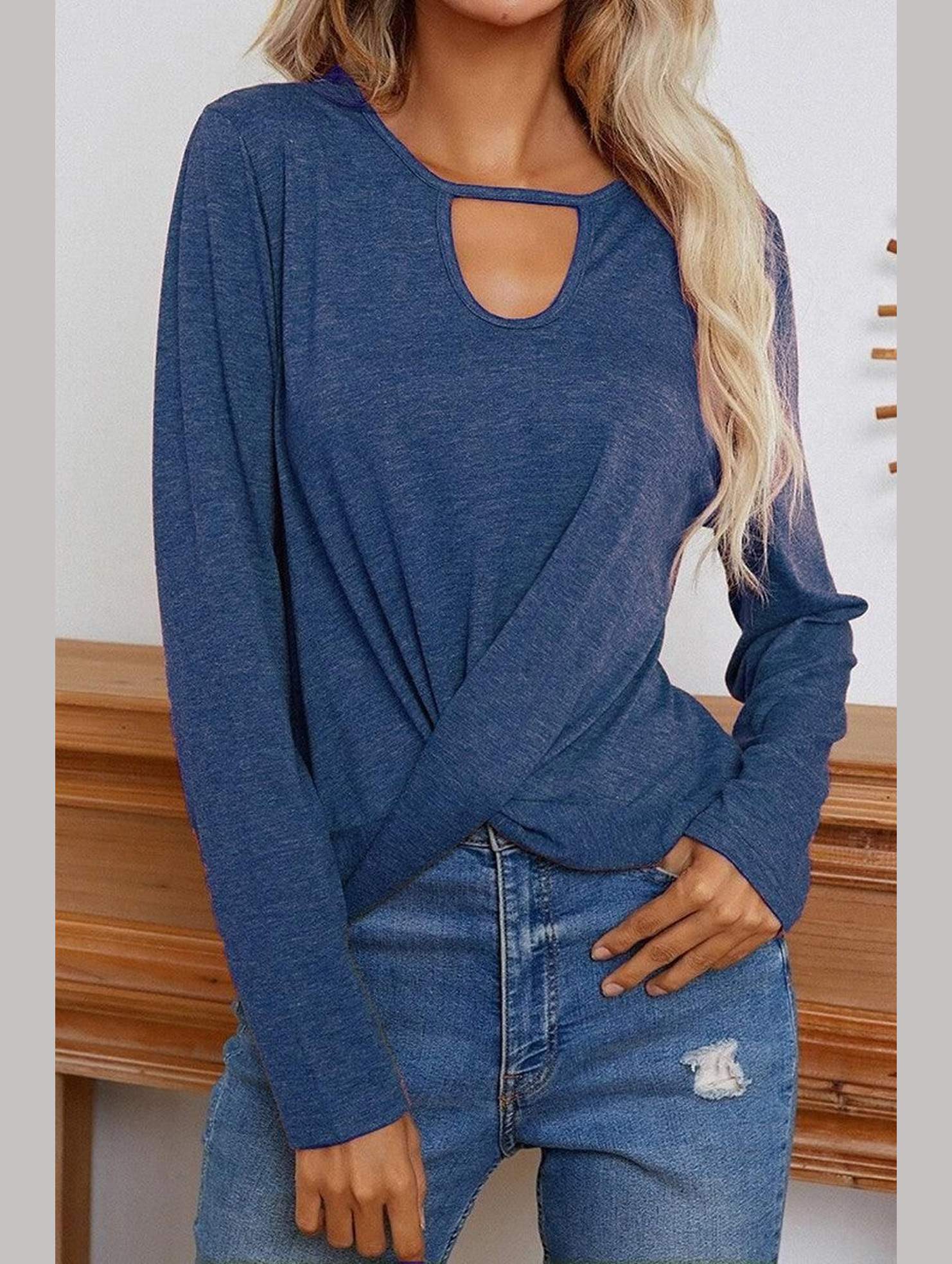 Long Sleeve Key Hole Neck Twisted Hem Casual Top - Doublju