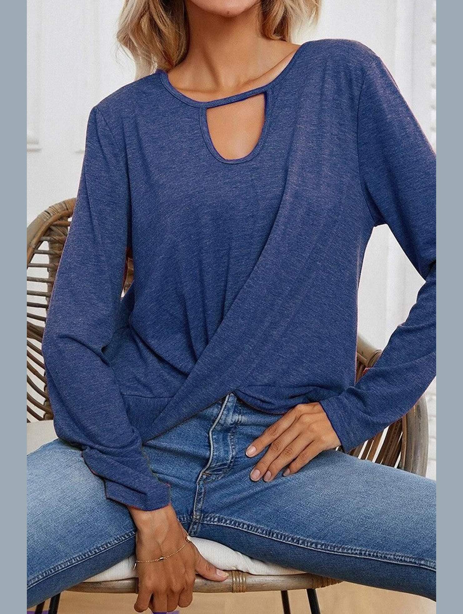 Long Sleeve Key Hole Neck Twisted Hem Casual Top - Doublju