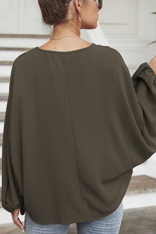 SOLID SOLOR TIE NECK LONG SLEEVE TOP - Doublju