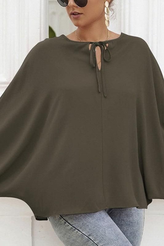 SOLID SOLOR TIE NECK LONG SLEEVE TOP - Doublju