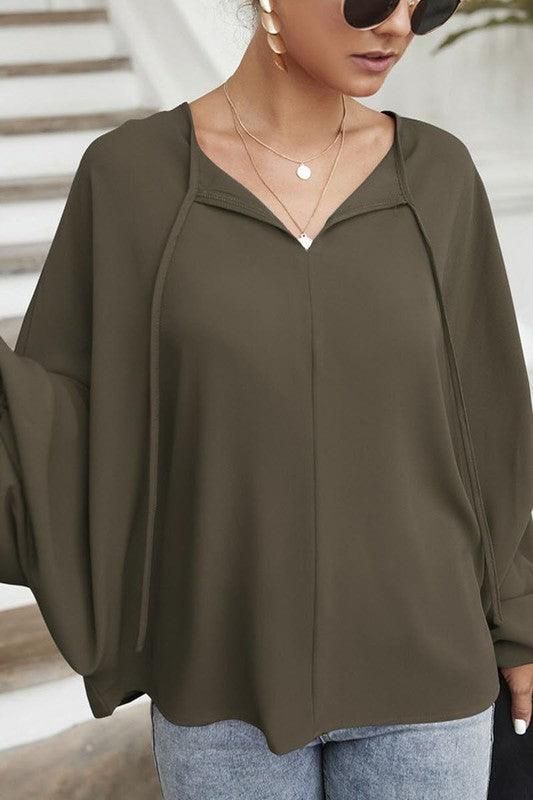 SOLID SOLOR TIE NECK LONG SLEEVE TOP - Doublju