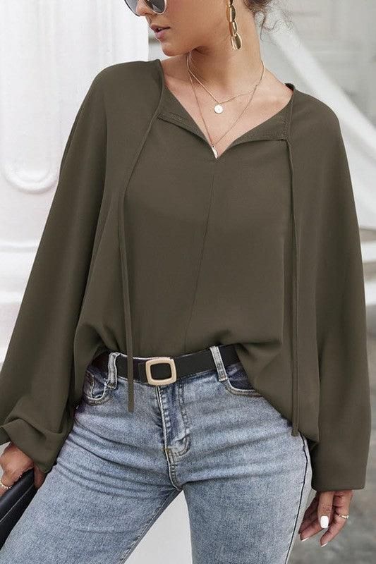 SOLID SOLOR TIE NECK LONG SLEEVE TOP - Doublju