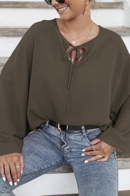 SOLID SOLOR TIE NECK LONG SLEEVE TOP - Doublju