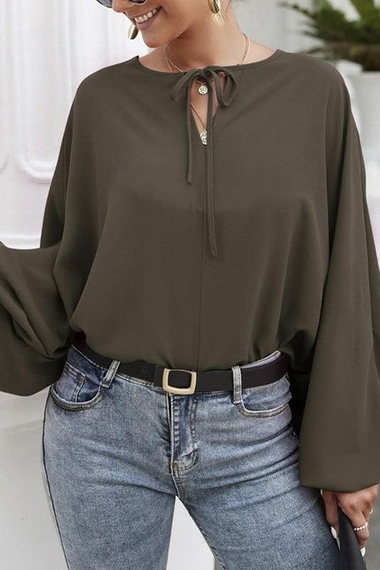 SOLID SOLOR TIE NECK LONG SLEEVE TOP - Doublju