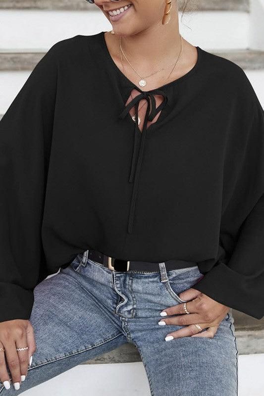 SOLID SOLOR TIE NECK LONG SLEEVE TOP - Doublju