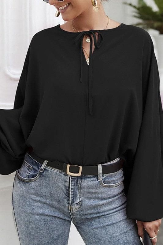 SOLID SOLOR TIE NECK LONG SLEEVE TOP - Doublju