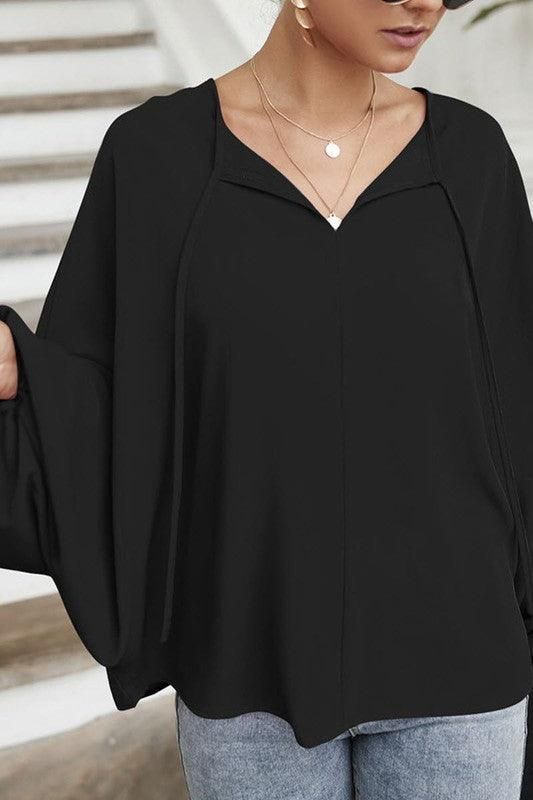 SOLID SOLOR TIE NECK LONG SLEEVE TOP - Doublju