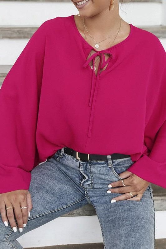 SOLID SOLOR TIE NECK LONG SLEEVE TOP - Doublju