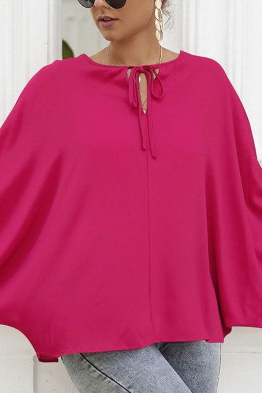 SOLID SOLOR TIE NECK LONG SLEEVE TOP - Doublju