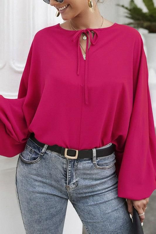 SOLID SOLOR TIE NECK LONG SLEEVE TOP - Doublju