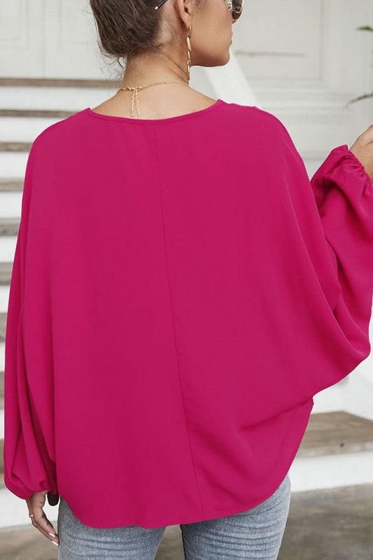 SOLID SOLOR TIE NECK LONG SLEEVE TOP - Doublju
