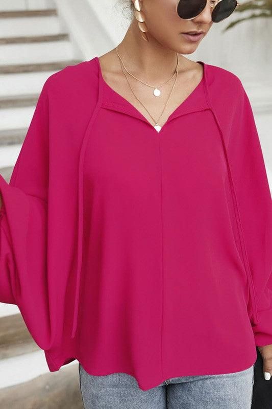 SOLID SOLOR TIE NECK LONG SLEEVE TOP - Doublju