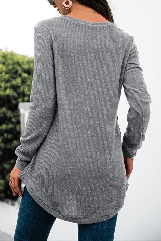 SOLID COLOR SIDE BUCKLE KNITTED LONG SLEEVE TOP - Doublju