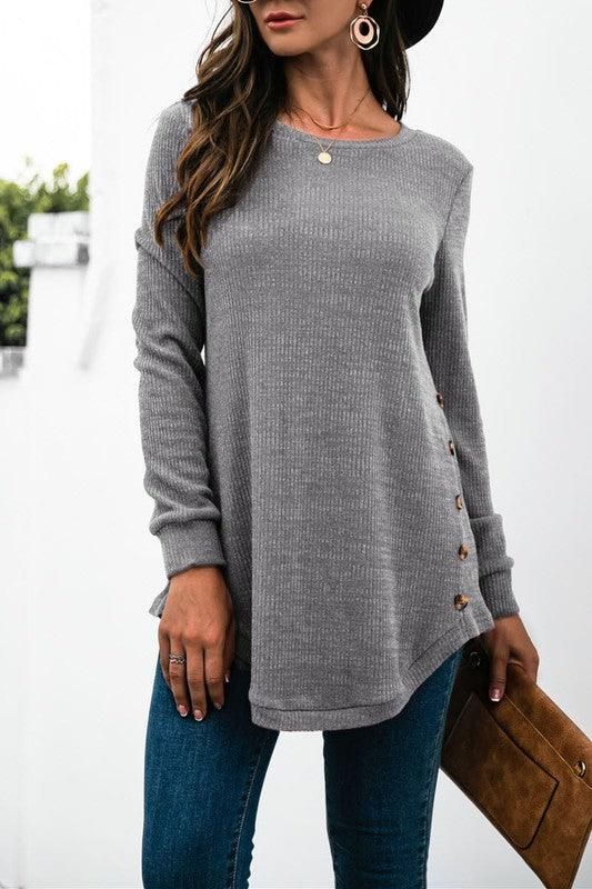 SOLID COLOR SIDE BUCKLE KNITTED LONG SLEEVE TOP - Doublju