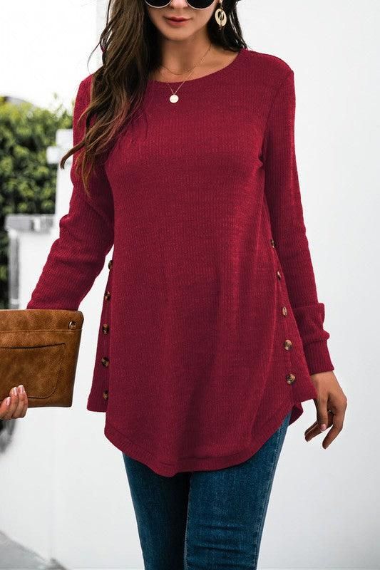 SOLID COLOR SIDE BUCKLE KNITTED LONG SLEEVE TOP - Doublju
