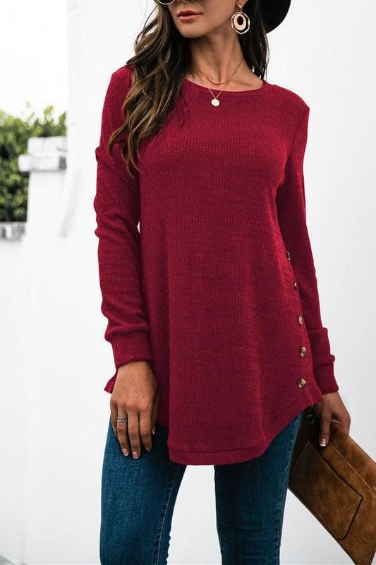 SOLID COLOR SIDE BUCKLE KNITTED LONG SLEEVE TOP - Doublju
