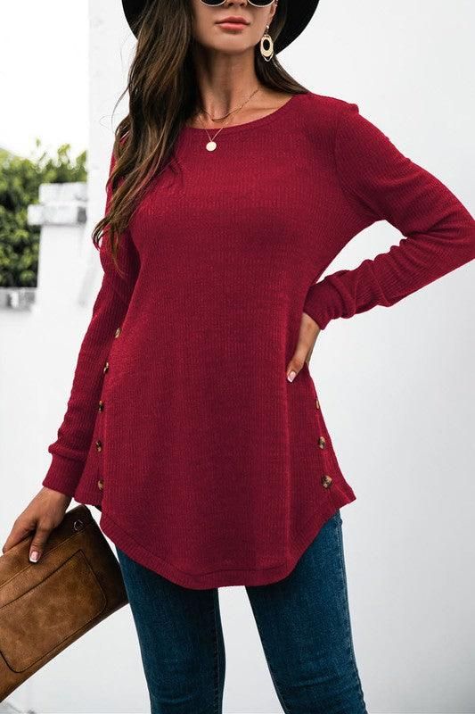 SOLID COLOR SIDE BUCKLE KNITTED LONG SLEEVE TOP - Doublju