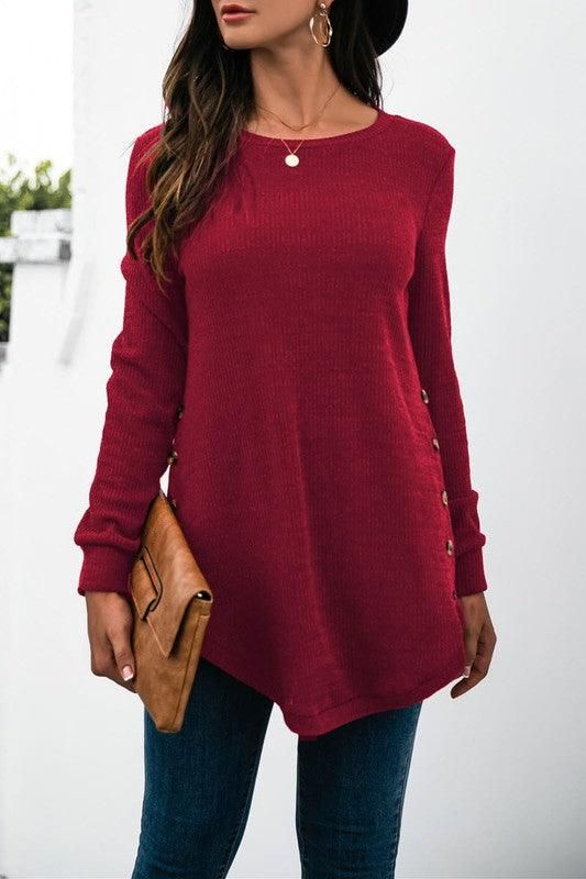 SOLID COLOR SIDE BUCKLE KNITTED LONG SLEEVE TOP - Doublju