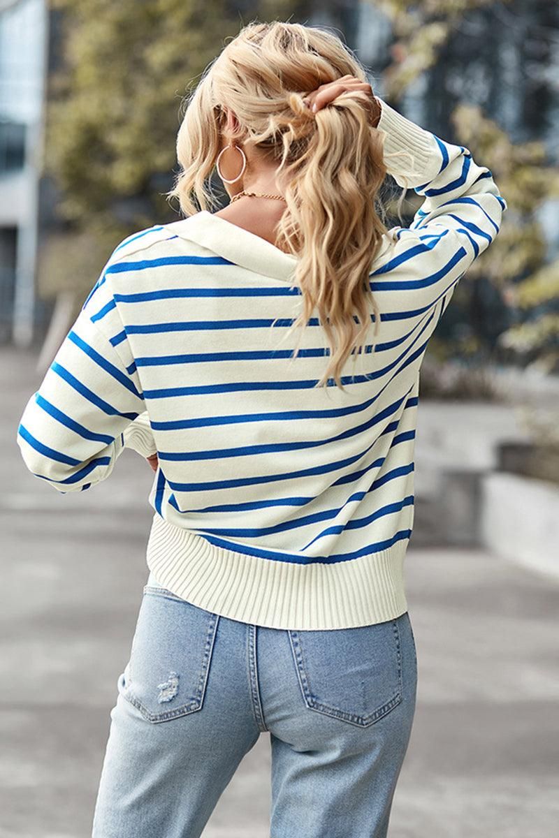COLOR STRIPE CASUAL COLLAR TOP - Doublju