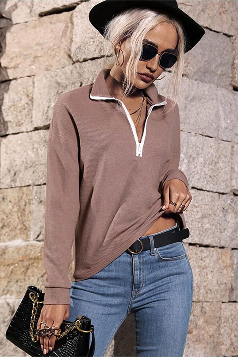 ZIP UP NECK CASUAL TOP - Doublju