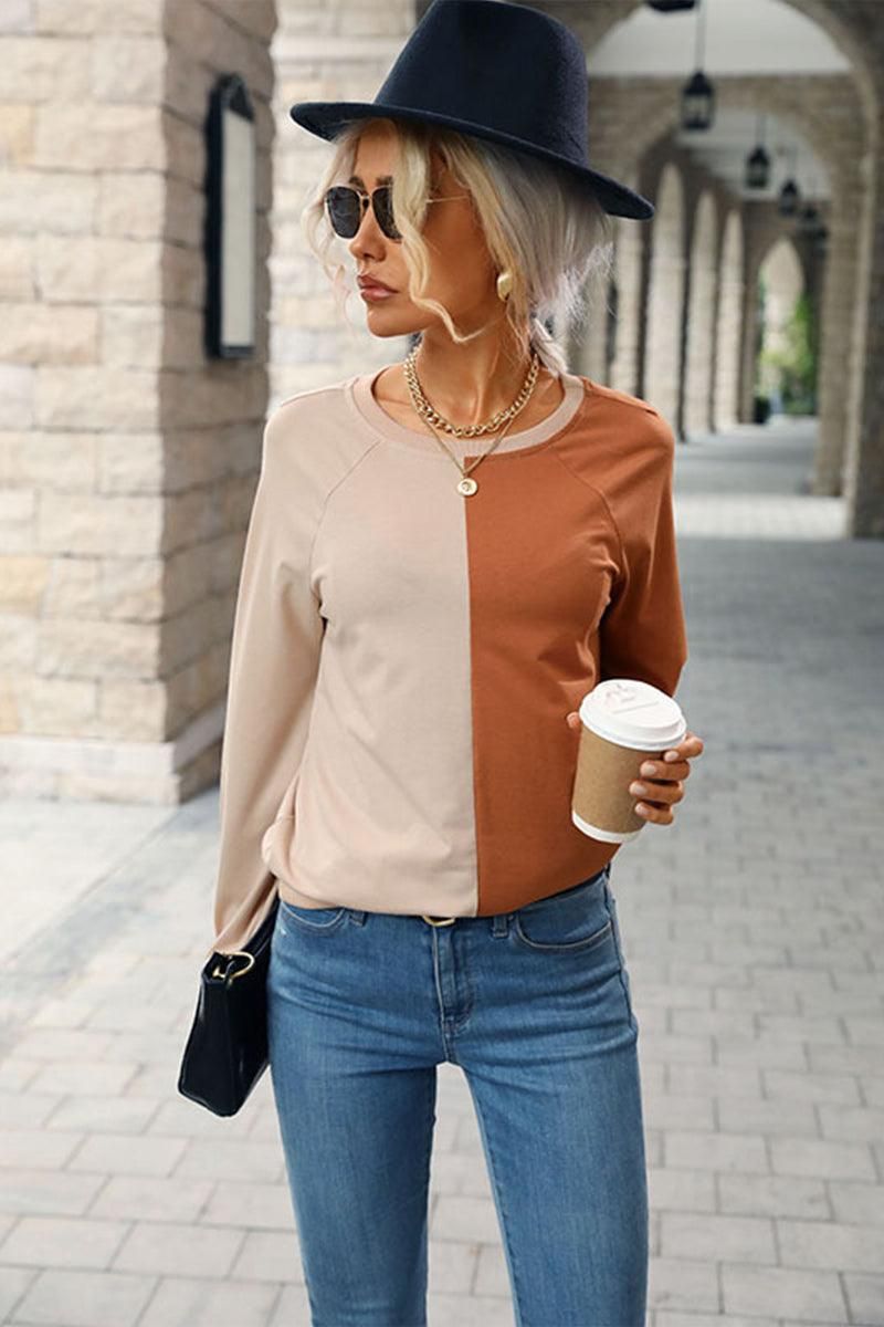 COLOR BLOCK ROUND NECK CASUAL TOP - Doublju