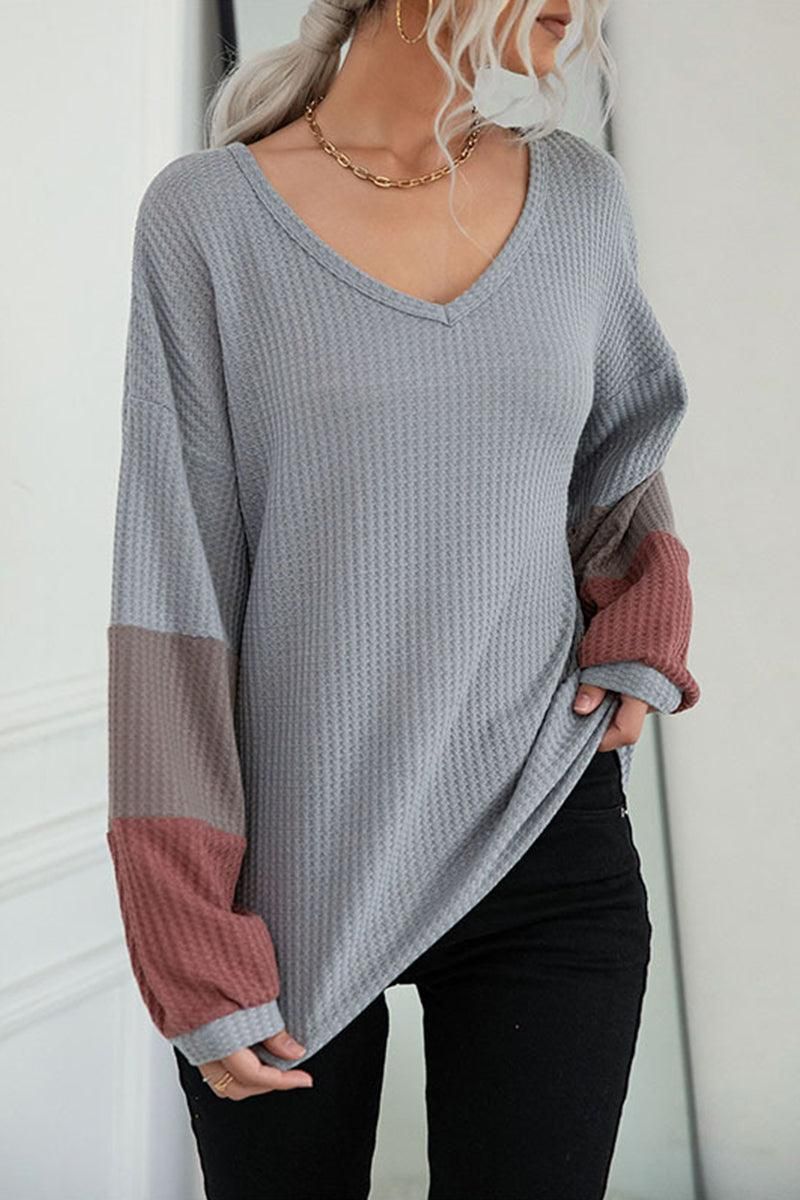 LONG SLEEVE LOOSE FIT WAFFLE KNIT CASUAL TOP - Doublju