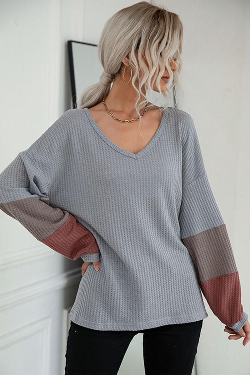 LONG SLEEVE LOOSE FIT WAFFLE KNIT CASUAL TOP - Doublju