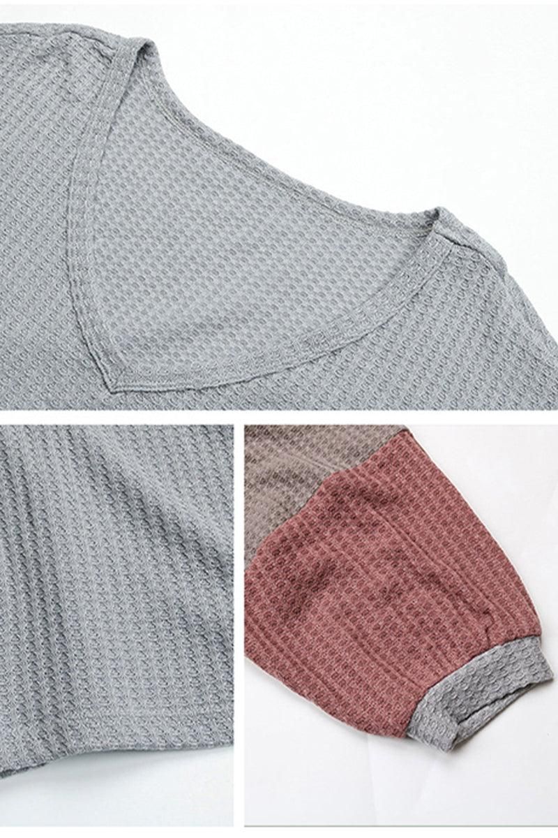LONG SLEEVE LOOSE FIT WAFFLE KNIT CASUAL TOP - Doublju