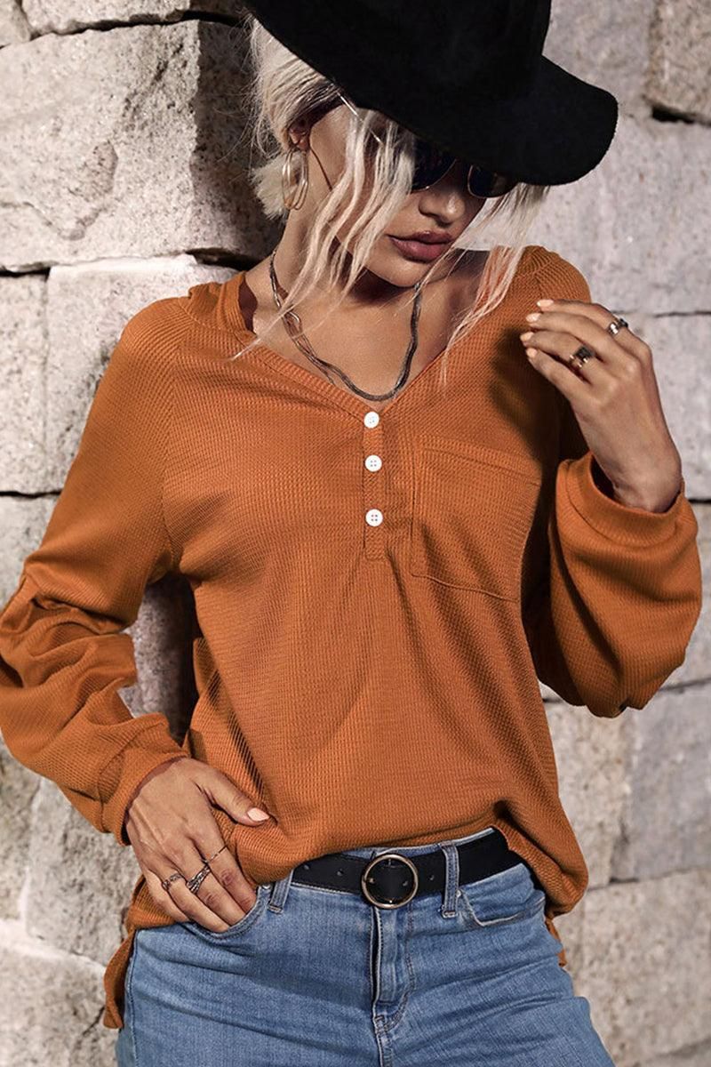 WAFFLE KNIT BUTTON NECK HOODED TOP - Doublju