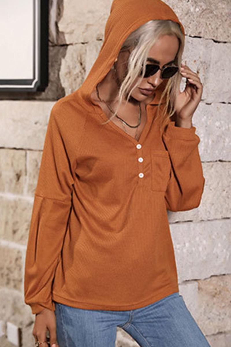 WAFFLE KNIT BUTTON NECK HOODED TOP - Doublju