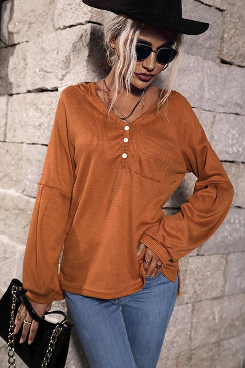 WAFFLE KNIT BUTTON NECK HOODED TOP - Doublju