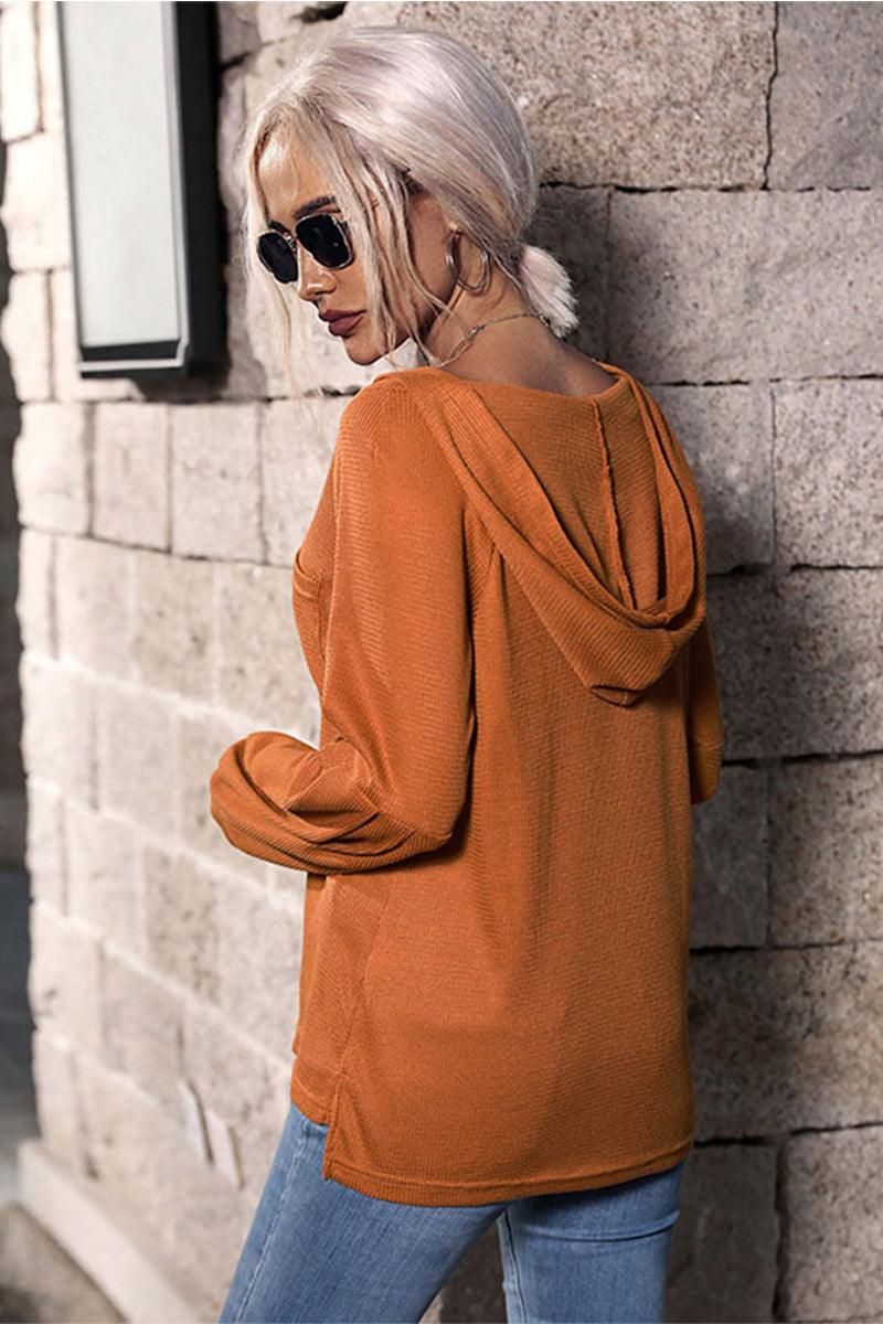 WAFFLE KNIT BUTTON NECK HOODED TOP - Doublju