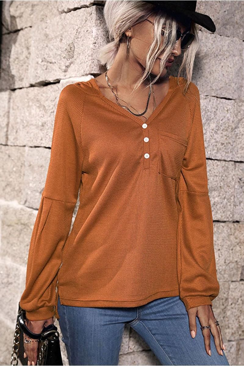 WAFFLE KNIT BUTTON NECK HOODED TOP - Doublju
