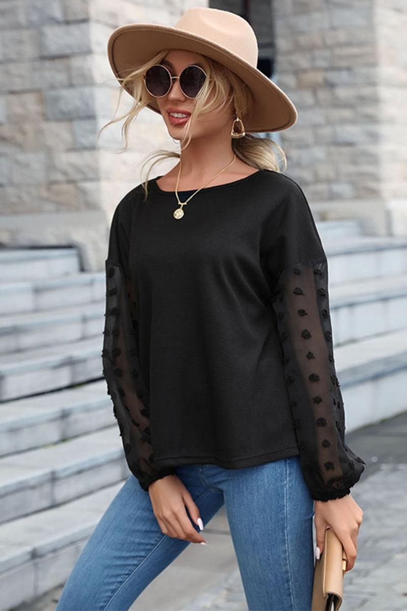 SOLID LACE STITCHED SLEEVE CASUAL WOMEN TOP - Doublju