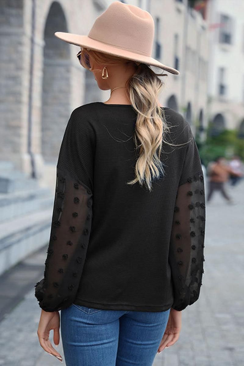 SOLID LACE STITCHED SLEEVE CASUAL WOMEN TOP - Doublju