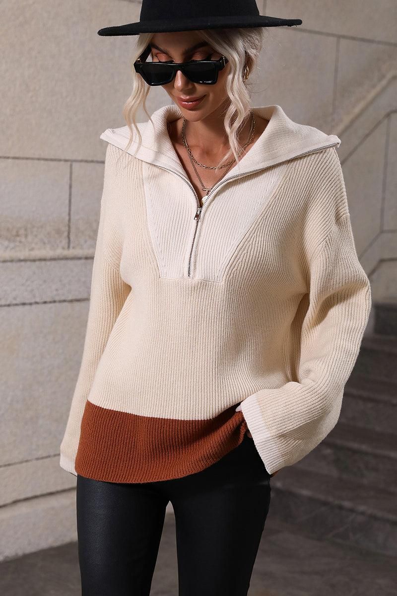 ZIP NECK LAPEL COLOR BLOCK CASUAL TOP - Doublju