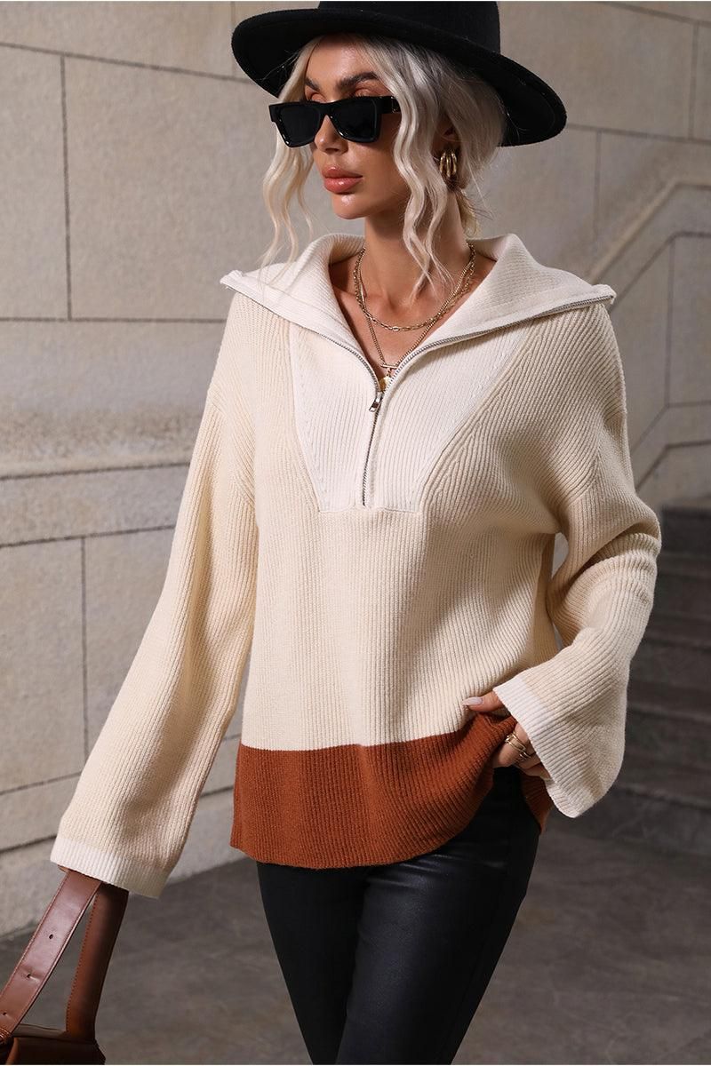 ZIP NECK LAPEL COLOR BLOCK CASUAL TOP - Doublju
