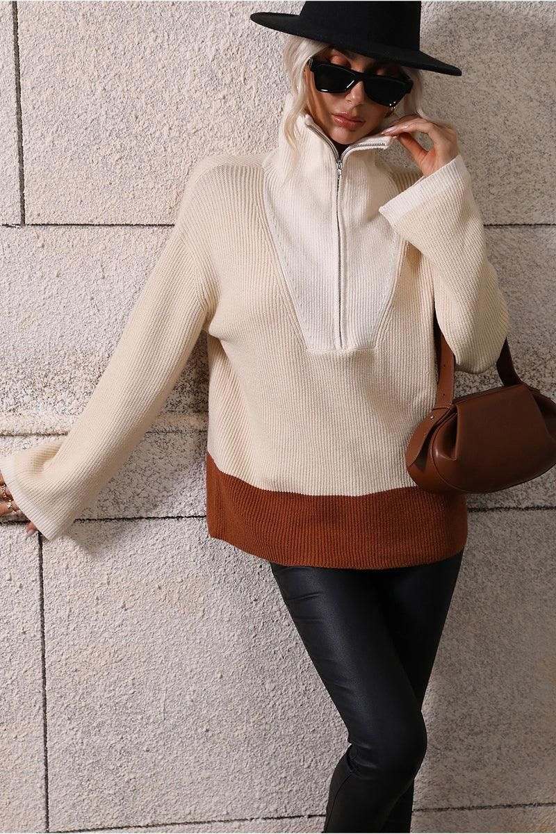 ZIP NECK LAPEL COLOR BLOCK CASUAL TOP - Doublju