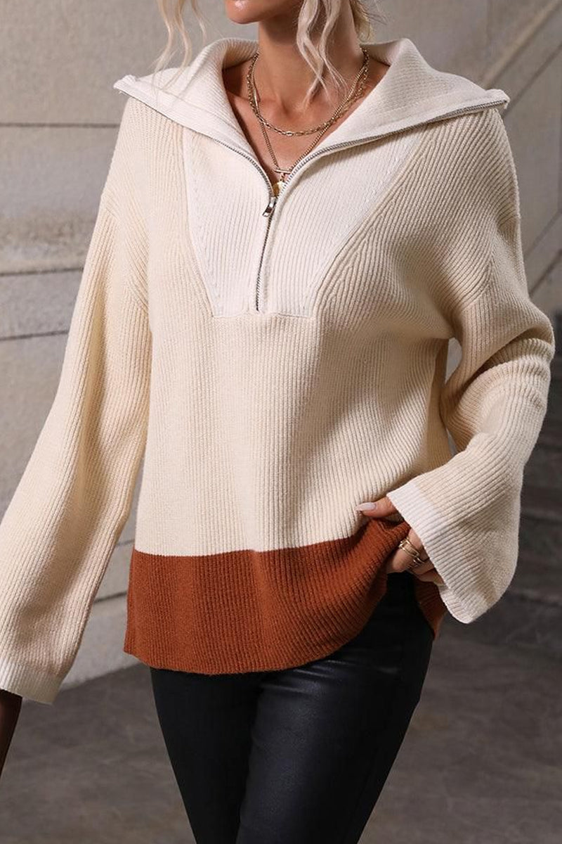 ZIP NECK LAPEL COLOR BLOCK CASUAL TOP