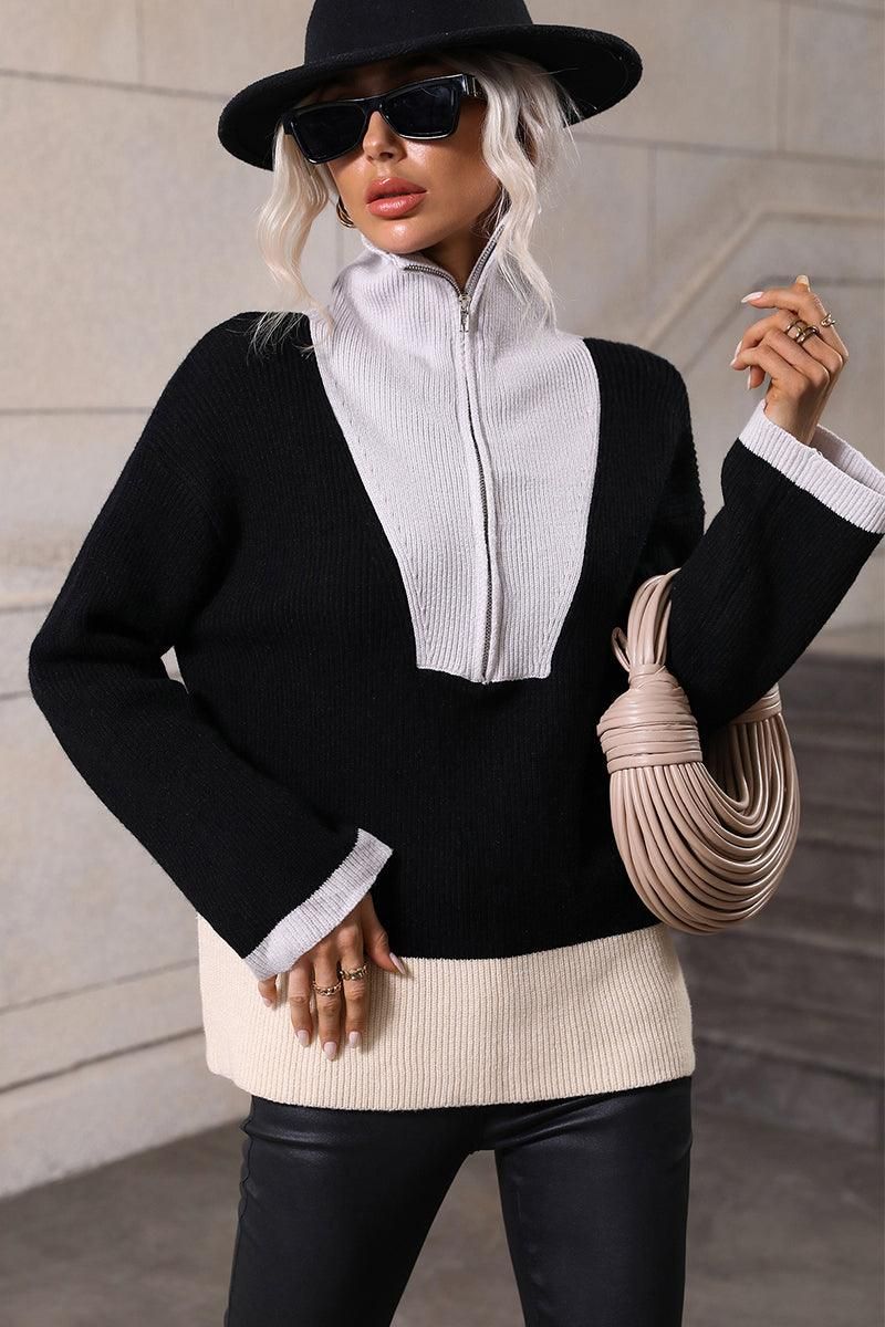ZIP NECK LAPEL COLOR BLOCK CASUAL TOP - Doublju