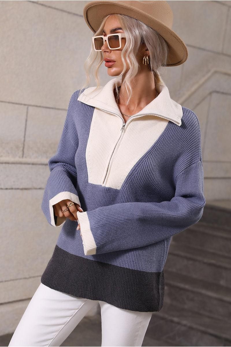 ZIP NECK LAPEL COLOR BLOCK CASUAL TOP - Doublju