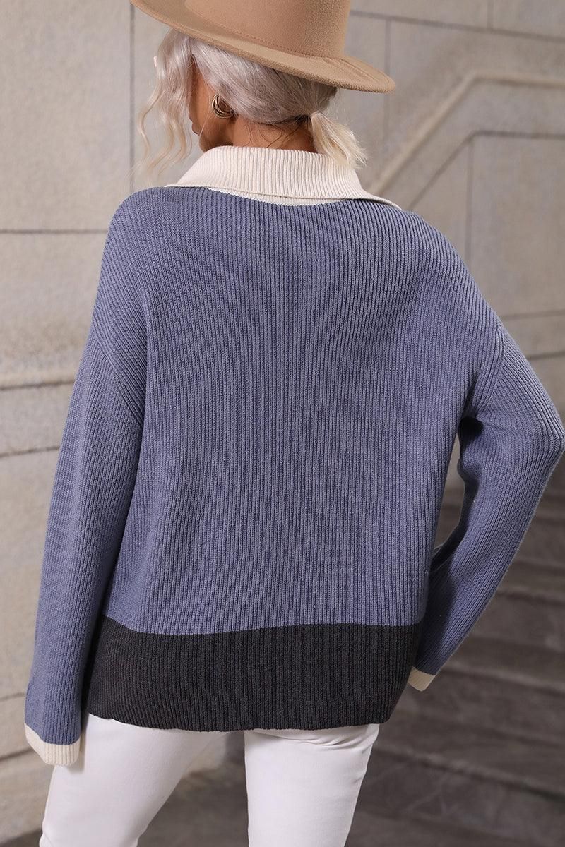 ZIP NECK LAPEL COLOR BLOCK CASUAL TOP - Doublju