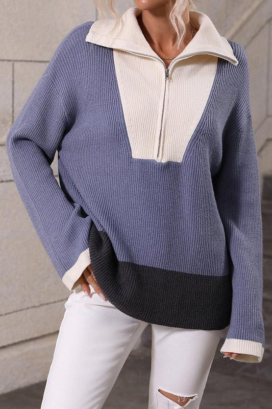 ZIP NECK LAPEL COLOR BLOCK CASUAL TOP