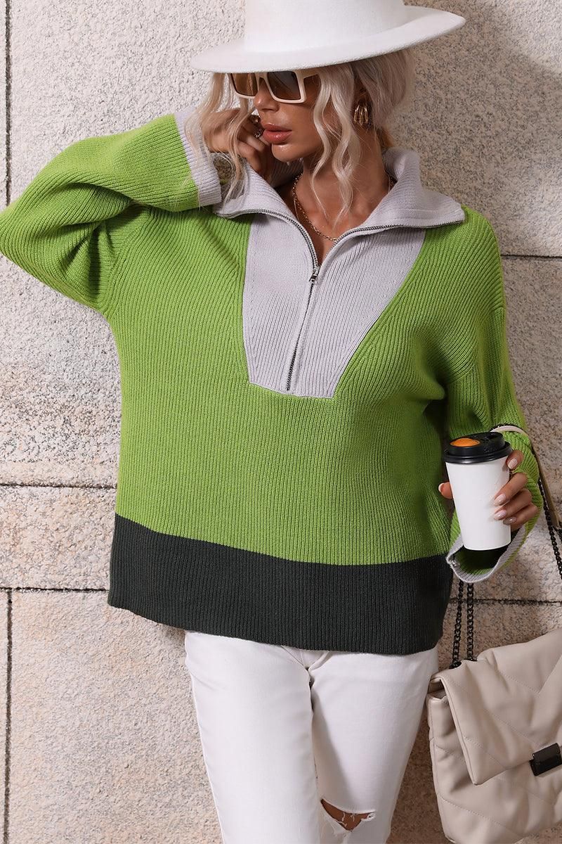 ZIP NECK LAPEL COLOR BLOCK CASUAL TOP - Doublju