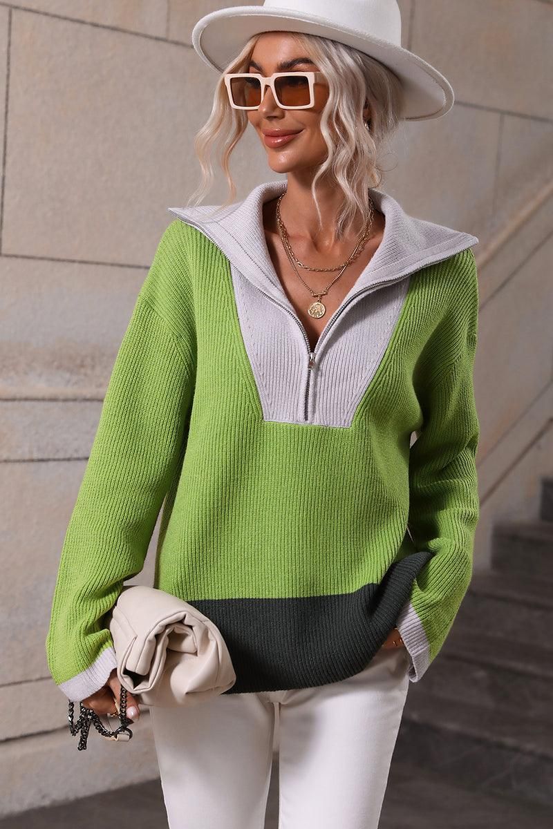 ZIP NECK LAPEL COLOR BLOCK CASUAL TOP - Doublju
